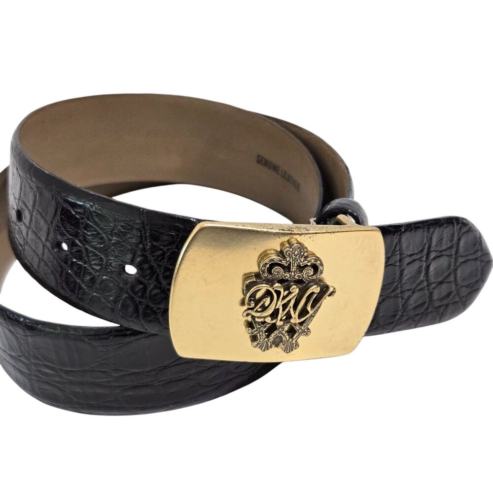 DKNY vintage Women Belt M croc embossed leather Logo Crest Monogram Buckle Black